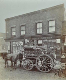 Horse and cart with sacks of vegetables, Bow, London, 1900. Artist: Unknown.