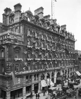 Peace decorations on the First Avenue Hotel, High Holborn, London, January 1919