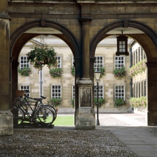 View of the arcade with bicycles, Peterhouse College, Cambridge, Cambridgeshire