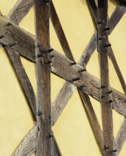 Detail of timber framing on the exterior of the gatehouse of Stokesay Castle, Shropshire
