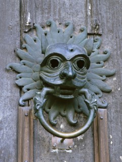 Door knocker in the shape of a mask, sanctuary of Durham Cathedral, County Durham