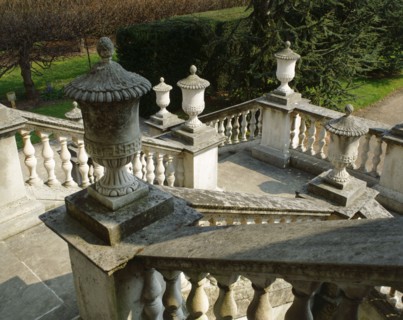 View looking down the entrance steps from the portico of Chiswick House, London