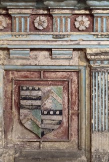 Detail of a coat of arms on a tomb in the chapel of Farleigh Hungerford Castle, Somerset