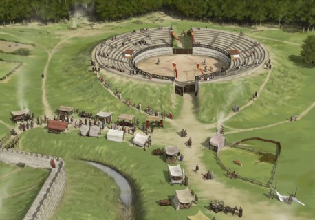 Spectators arrive at Silchester Roman City Amphitheatre c250 AD, (c1990-2010)