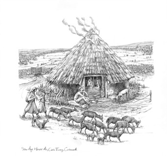Farmers and a herd of goats outside Iron Age Roundhouse, (c1990-2010) Artist