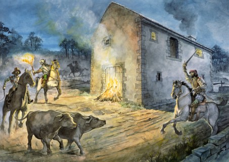 Reivers raiding Birdoswald, 16th century, (c1990-2010)