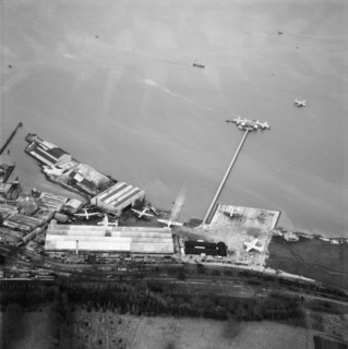 BOAC flying boat maintenance base and pier, Hythe, Hampshire, 1948 Artist