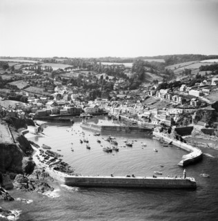 The village, Victoria Pier and the harbour, Mevagissey, Cornwall, 1953