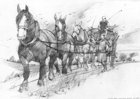 Heavy horses pulling a haycart or goods wagon driven by two Cistercian monks