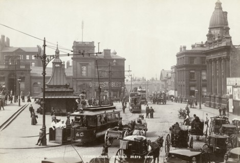 Horse-drawn taxis and electric trams on Fitzalan Square, Sheffield, Yorkshire, c1900 Creator: GW Wilson and Company.