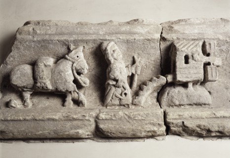 Stone carving depicting milling, museum of Rievaulx Abbey, North Yorkshire, c2013
