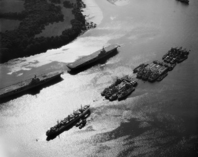 Royal Navy aircraft carriers and other military ships on the River Tamar, Plymouth, Devon, 1959