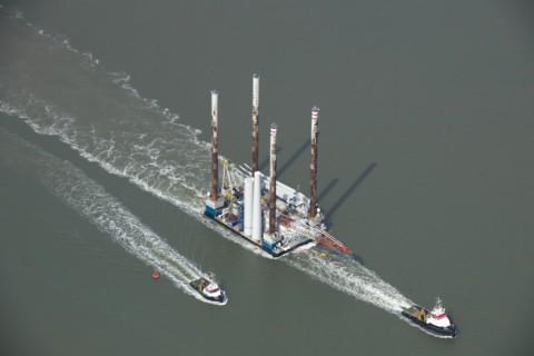 Wind farm construction vessel en route to a construction site, Harwich Harbour, Suffolk, c2010s(?)