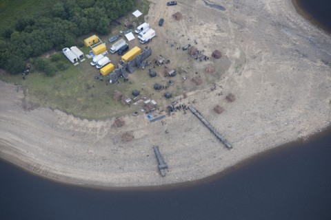 Film set for the television production of 'Beowulf', Derwent Reservoir, Northumberland, 2015