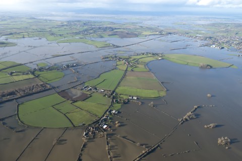Aerial view of flooding around Muchelney Abbey, Somerset Levels, January, 2014