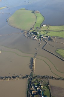 Aerial view of flooding around Muchelney Abbey, Somerset Levels, January, 2014