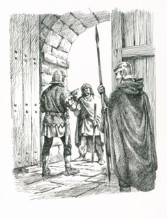 Soldiers negotiating with a man at a gateway on Hadrian's Wall, c1985-c2000