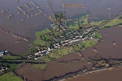 Aerial view of flooding around East Lyng, Somerset Levels, January, 2014