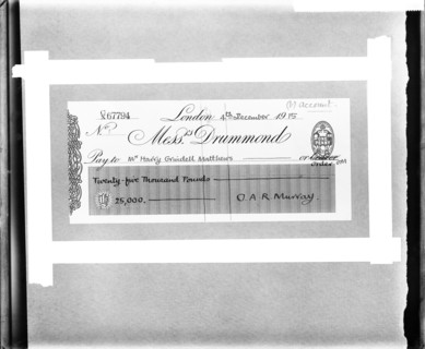 Cheque for £25,000 made payable to British inventor Harry Grindell Matthews, 1915