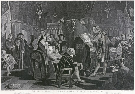 First bible reading in the crypt of old St Paul's Cathedral, London, 1541 (19th century)