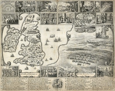 Map of the British Isles and illustrations of 17th century historical events, c1659