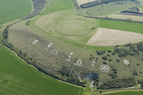 Chalk military badges and Chisenbury Camp univallate hillfort, Fovant Down, Wiltshire, 2015