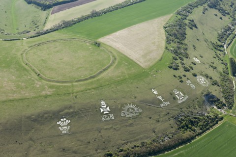 Chalk military badges and Chisenbury Camp univallate hillfort, Fovant Down, Wiltshire, 2015