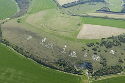 Chalk military badges and Chisenbury Camp univallate hillfort, Fovant Down, Wiltshire, 2015