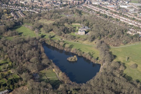 House and boating lake, Grovelands Park, Southgate, London, 2018
