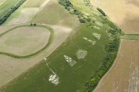 Chalk military badges and Chisenbury Camp univallate hillfort, Fovant Down, Wiltshire, 2015