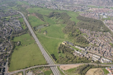 Lynchet and ditch earthwork remains and landscape park at Stoke Park, Bristol, 2018