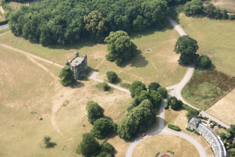Crop marks revealing the buried foundations of Tixall Hall, Staffordshire, 2018