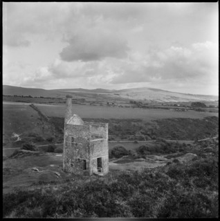 Derelict mine engine house within a rural landscape, Cornwall, 1967-1970