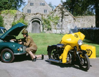 1960 BSA M21 AA Combination motorcycle with 1948 Morris Minor. Artist: Unknown.