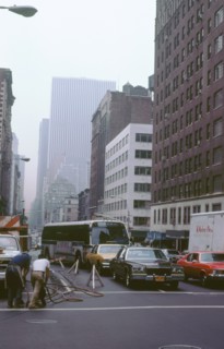 New York street,roadworks causing congestion. Artist: Unknown.