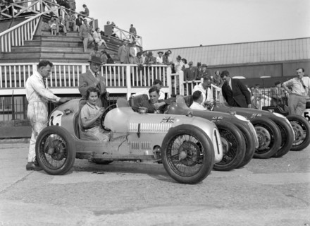 Austin 7 works team, Brooklands 1937. Artist: Bill Brunell.