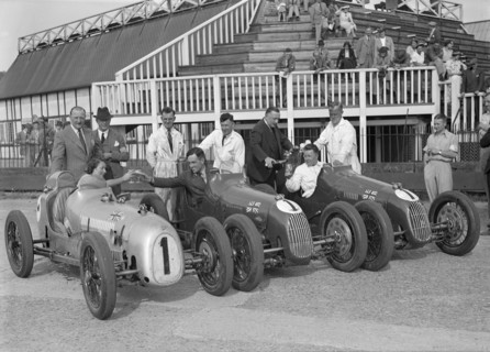 Austin 7 works team, Brooklands 1937. Artist: Bill Brunell.