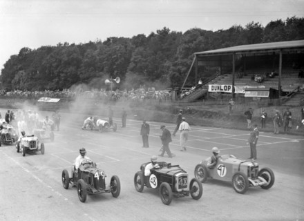 Motor race at Donington Park, Leicestershire, 1936. Artist: Bill Brunell.