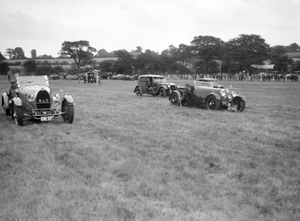 Bugatti Type 43, Aston Martin and Alvis FWD at the Bugatti Owners Club gymkhana, 5 July 1931. Artist: Bill Brunell.