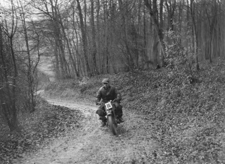 Motorcycle competing in the Inter-Varsity Trial, November 1931. Artist: Bill Brunell.