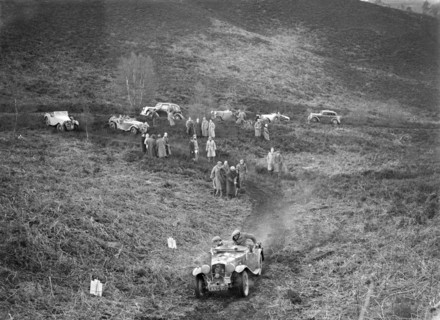 1933 Wolseley Hornet 2-seater sports taking part in a motoring trial, late 1930s. Artist: Bill Brunell.