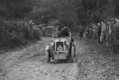 Austin 7 Boyd Carpenter 2-seater sports of E Stockvis taking part in the Inter-Varsity Trial, 1930. Artist: Bill Brunell.
