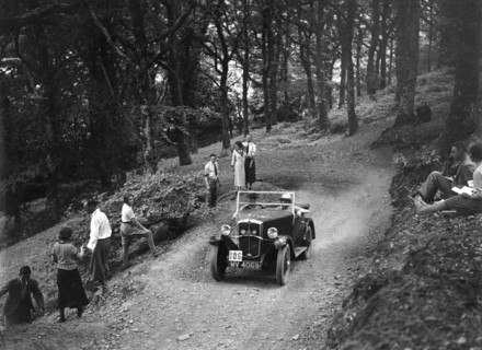 Morris Minor taking part in the B&HMC Brighton-Beer Trial, Fingle Bridge Hill, Devon, 1934. Artist: Bill Brunell.