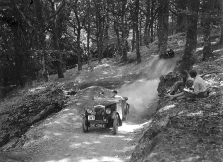 Wolseley Hornet McEvoy Special, B&HMC Brighton-Beer Trial, Fingle Bridge Hill, Devon, 1934. Artist: Bill Brunell.