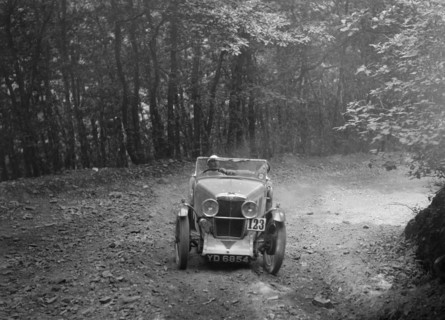MG J2 competing in the B&HMC Brighton-Beer Trial, Fingle Bridge Hill, Devon, 1934. Artist: Bill Brunell.