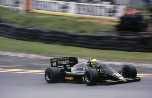 Ayrton Senna in the Lotus 98T at 1985 British Grand Prix Brands Hatch Artist: Unknown.