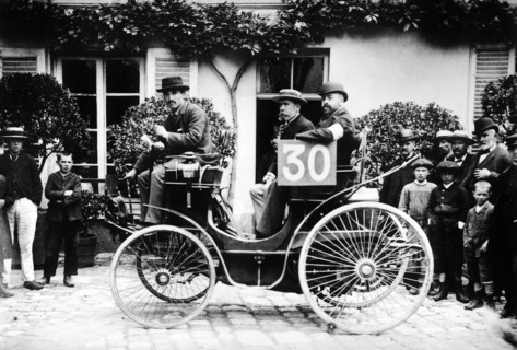1894 Paris to Rouen race.Marchand in Peugeot Artist: Unknown.