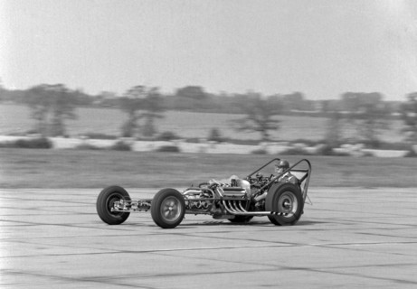 Allard dragster driven by Sydney Allard during testing at North Weald Airfield in Essex 1961