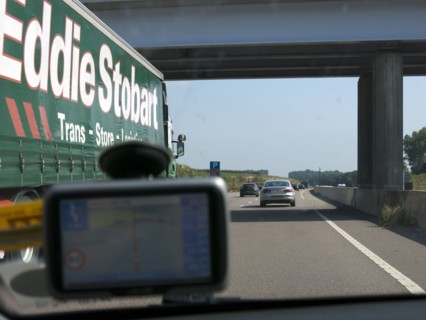 Passing Eddie Stobart truck on the A46 with satnav screen on windscreen
