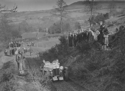 MG PB of K Scales competing in the MG Car Club Midland Centre Trial, 1938. Artist: Bill Brunell.